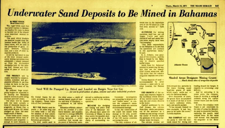 Newspaper clipping — The Miami Herald, March 18, 1971: "Underwater Sand Deposits to Be Mined in Bahamas," with an aerial photo of sand being loaded onto barges near Cat Cay