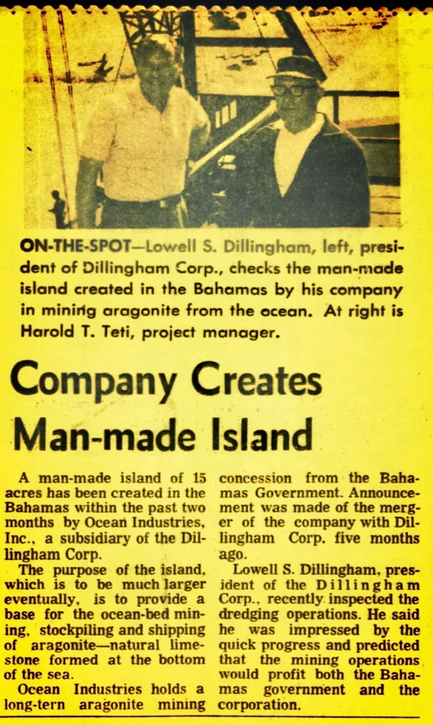 Yellowed newspaper clipping — "Company Creates Man-made Island": Ocean Industries, a Dillingham Corp. subsidiary, builds the 15-acre Ocean Cay as the base for aragonite mining