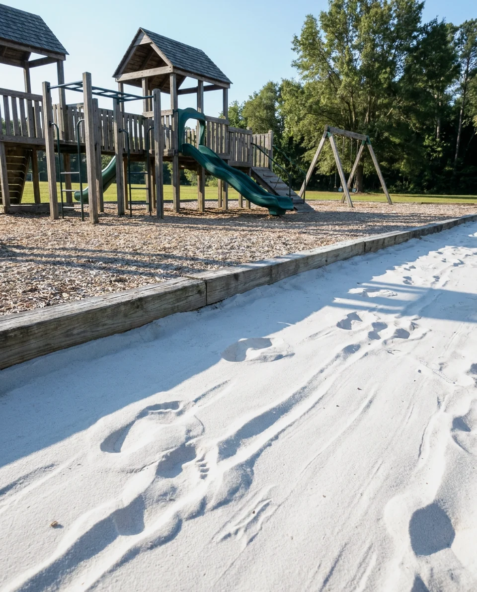 Footprints crossing fine white play sand in a timber-bordered sandbox, a wooden playground in morning sun behind it