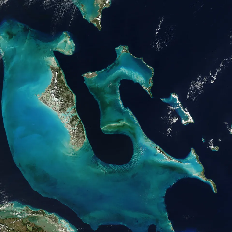 Satellite view of the shallow Bahama Banks where aragonite forms