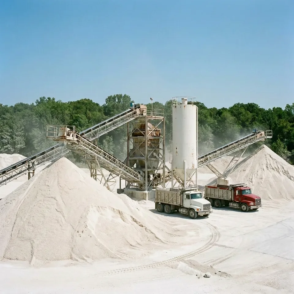 Aragonite drying and screening facility with white stockpiles, conveyors, and trucks